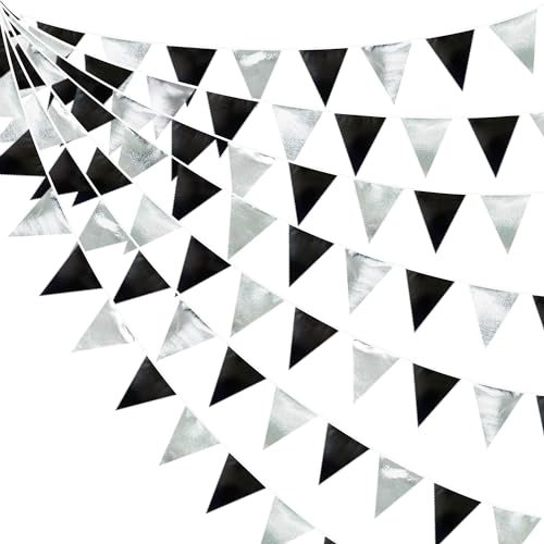 32Ft Schwarze und Silberne Partydekorationen Dreieckiges Wimpelbanner aus Metallischem Stoff Girlande für Geburtstag Abschlussfeier Ruhestand Hochzeit Bachelorette Brautparty Disco Partyzubehör