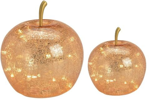 LED Deko Apfel Gold 2er Set – Glas Äpfel mit Timer & Beleuchtung – 10 & 5 LEDs – Craquelé-Optik – Batteriebetrieben – Herbst & Weihnachtsdeko – Ø 12 & 9 cm – mit An/Aus-Schalter (Gold)