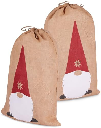 BRUBAKER Weihnachtssack Gnom - 80 cm Geschenksack Weihnachten - Nikolaussack Jutebeutel Sack mit Kordel zum Verpacken von Geschenken - Weihnachtsmann Zwerg mit Bart und dicker Nase - 2er Set