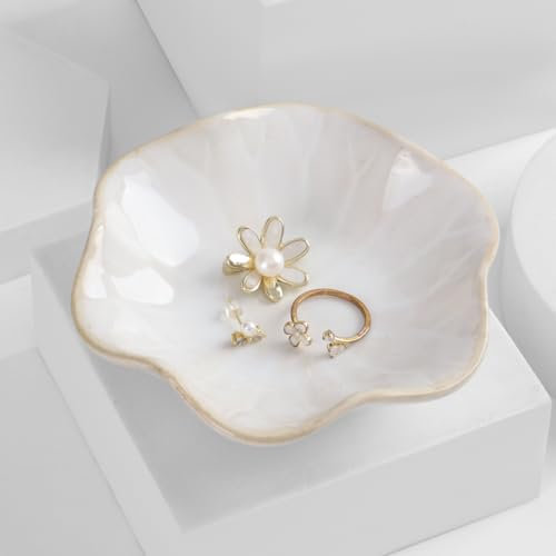Vukehon Jewelry Dish Lotus Leaf Shape Ring Holder Ceramic Decorative Plate Trinket Tray Key Bowl(Leaves-White)