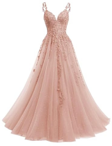 Beyonddress Robe de soirée longue en tulle pailleté avec applications en dentelle et col en V pour femmes - Robe de bal pour les fêtes, Vieux rose, 46