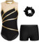 Kvysinly Glänzend Turnanzug Mädchen Gymnastikanzug Set Turnbody mit Haarband und Hose Ballettkleidung Tanz Training Dancewear Gold 134-140