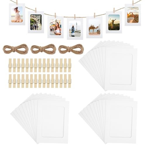 30 Stücke Fotorahmen aus Pappe, Weiß Fotogirlande 11.5x15.5 cm, Papier Bilderrahmen mit 30 Holzklammern und 3 Schnur, Papier Fotorahmen, Bilderrahmen Pappe, für Zuhause Schule Büro Wand Dekoration