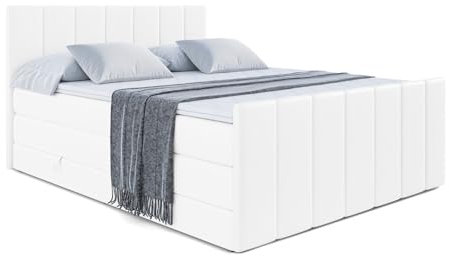 ALTDECOR Boxspringbett mit Matratze und Lattenrost, Topper, Fußteil,Polsterbett mit Bettkasten, Bett mit Stauraum H3- und H4- Matratze, Doppelbett -MOETI-Z King- 120x200 - Weiß Kunstleder