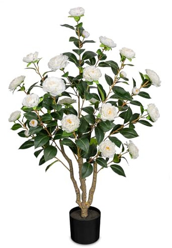 Arborus Künstlicher Baum mit Blüten Kunstbaum Indoor 90 cm Künstlicher Kamelienbaum Weiß Kunstblumen im Topf Künstlicher Blütenbaum Große Kunstpflanzen für Wohnzimmer Deko Schlafzimmer Deko Büro Deko