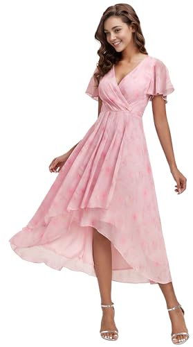 Ever-Pretty Robe D'Invité Jupe Trapèze Col en V Manches Volantées Robe Femme Chic Et Elegant Belle Robe Soirée Violet Clair Rose 40