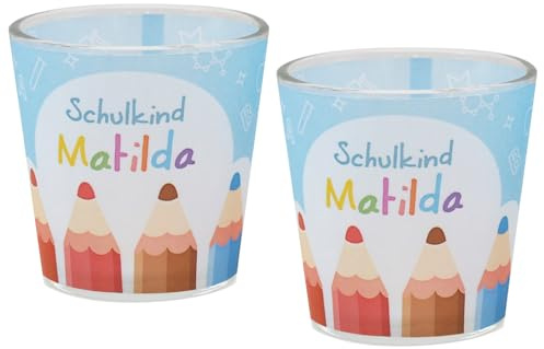ZauberDeko Windlicht Banderole Buntstifte Kerzenglas Votivglas Einschulung Schulbeginn PERSONALISIERT 7,5cm Hoch, Menge:2 Stück
