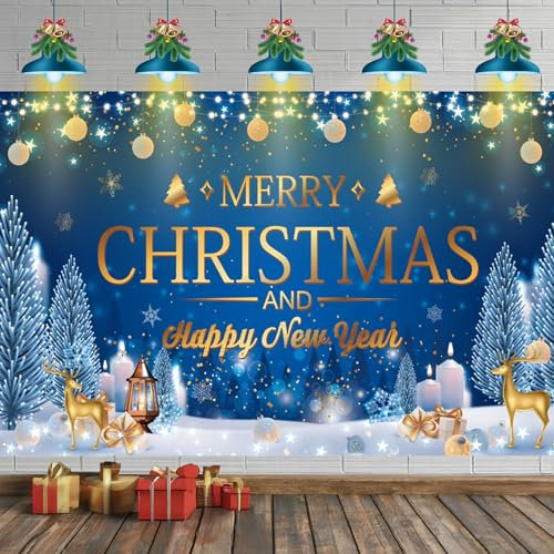 Blau Frohe Weihnachten Banner - Große Winter Weihnachts Dekoration für Neujahr Hintergrund, Winterferien, Weihnachtsfeier, Babyparty Wand Deko - 72.8 x 43.3 Zoll