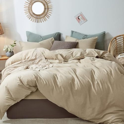 Tospass Baumwolle Bettwäsche 220x240cm Khaki Unifarben Baumwolle Renforce Bettwaren-Sets Leinenoptik Uni Deckenbezug Elegant Bettbezug mit Reißverschluss und 2 Kissenbezug 80x80cm