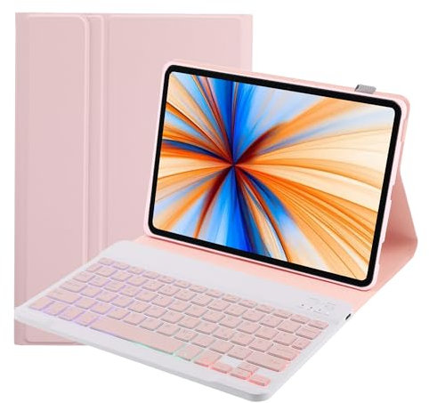 SUEEWE Tastatur Hülle für Xiaomi Pad 6s Pro 12.4, TPU Rückseite Hülle mit 3 Bereich 7 Farbe Beleuchtete Abnehmbarer QWERTZ Tastatur, Rosa