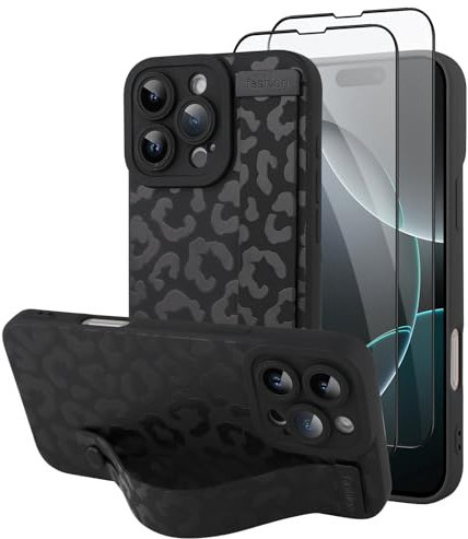 UZEUZA Compatible with iPhone 16 Pro Max Case with Wrist Strap, Cheetah Print Shockproof Soft TPU Protective Case for Women Girls, Slim Anti Scratch Leopard Case with Bracelet for 6.9 Inch, Black