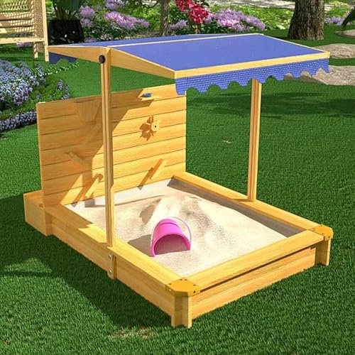 POLGDW Large Wooden SandBoxes with Roof, Adjustable Cover, Sand Funnel, Drawing Board, Outdoor Sand Box Play with Canopy for Backyard Garden Beach