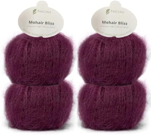 PASCUALI | Mohair Bliss |Strickwolle aus 60% Mohairwolle (Kid Mohair) 40% Seide Wolle Mohairgarn zum Stricken und Häkeln, SET: 4 Knäuel - 100g - Farbe:Burgunder 815