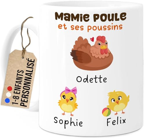 Cupdarling® Mug Mamie Personnalisé avec 1-8 Petits-Enfants - Tasse Cadeau Grand-Mère Poule - Fête Des Grand-Mères - Anniversaire - 330 mL Céramique - 2 Poussins