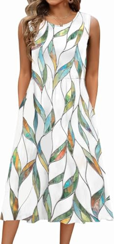 Damen Sommerkleid Ärmellos Rundhals Elegant Blumenkleid Freizeitkleider A Linie Midi Tank Kleider Kleid mit Taschen Strandkleid