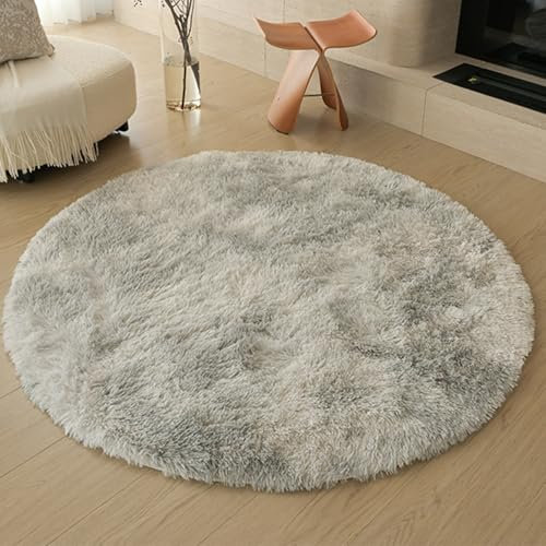 Swsen Tapis de salon rond, super doux, moelleux, dessous antidérapant, moderne, lavable, à poils longs, 90 cm de diamètre, gris Tiedye