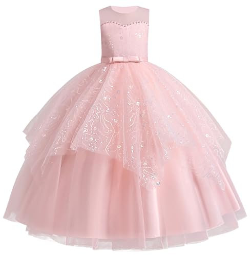 IDOPIP Robe Enfant Fille Mariage Dentelle Tulle sans Manches Broderie Perles Bow Demoiselle d'honneur Anniversaire Partie Princesse Longue Robe De Bal Soirée Rose 150