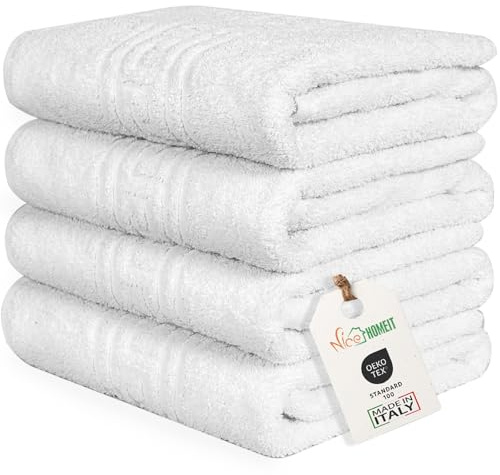 nice homeit - Juego de 4 Toallas de 100% algodón Hilado en Anillo – 60 x 100 cm – Aptas para Uso Diario y Deportivo – Extra Suaves y absorbentes – Made in Italy (Blanco)