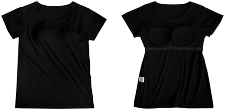 Risipu Women Built in Bra top T-Shirt Short Sleeve | Vest Tops Women UK | Supportive Yoga Shirt | Breathable Cotton | Gym to Street Style (UK, Alpha, L, Regular, Regular, Black)