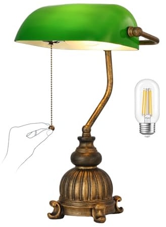 Newrays Green Glass Bankers Desk Lamp,LED Bulb Included | Home Office Library with Pull Chain Switch Plug in Fixture