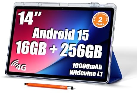 Android Tablet, 14 Inch Large Screen Android 15 Tablet, 16GB RAM+256GB ROM, Octa-Core, 2 Years Protection, Reinforced Type-C Port, 18W PD Charger, 10000mAh Battery, 1200x1920 IPS FHD Display, 4G LTE