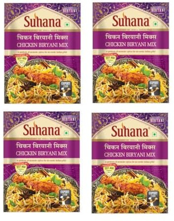 Suhana Spices Mix Powder (Ready To Eat) - Curry Masala Recipe Mixes Casserole Seasoning Herbs - Simplifies & Speeds Up Cooking Process (Pack of 4, Chicken Biryani Mix 50g (RTE))