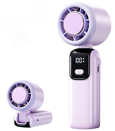 LYMYBETY Handheld Fan with LED Display & 90° Folding - USB Rechargeable Portable Fans Mini,Up 12 Hours 5 Speeds Lightweight Foldable Personal Cooling Fan for Travel, Office, Home (Purple)