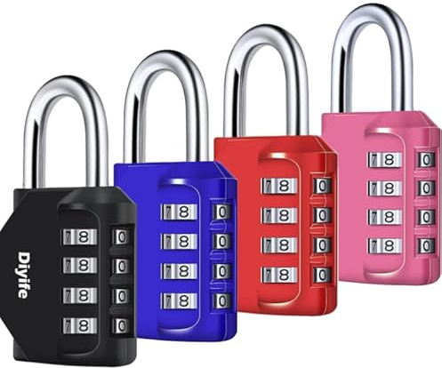 Combination Padlock, [4 Pack] Diyife Heavy Duty 4 Digit Padlock Weatherproof Outdoor Locker Padlocks for School Gym Locker, Shed, Fence, Hasp, Garage, Gate, Toolbox, Door (Black&Blue&Red&Pink)