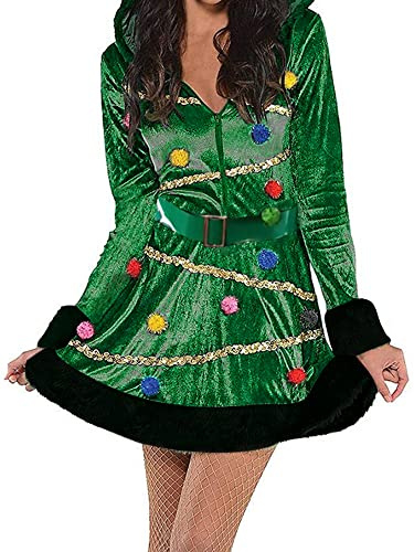 Disfraz de árbol de Navidad para mujer, de terciopelo, lentejuelas, decoración de bolas de pelo, manga larga, vestido con capucha para adultos, divertido disfraz de Navidad, A-verde, XL