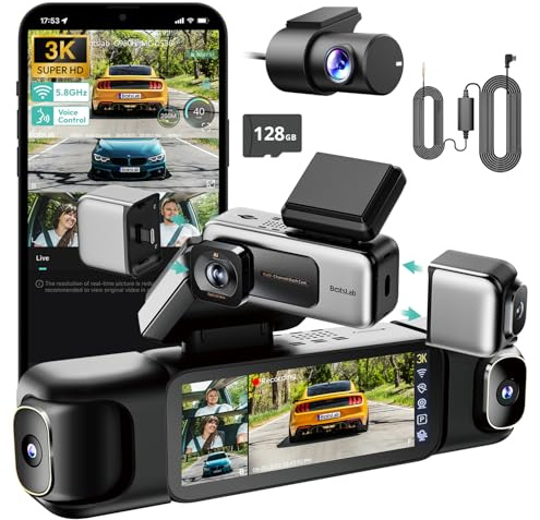 BOTSLAB 4 Channel 360° Dash Cam with Hardwire Kit, Touch Screen, 128GB Card | Voice Control, Dash Camera 24/7 Parking Mode, Built-in GPS, 5.8GHz WiFi, Front/Rear/2*Inside Car Cameras with 560°Wide Angle