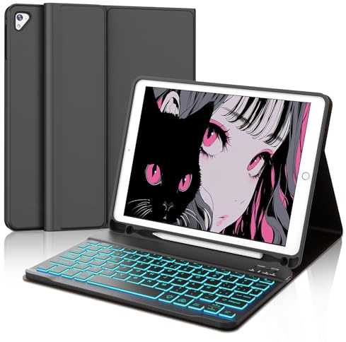 Funda Teclado para iPad 6/5 Generacion 9.7/Air 2/Air 1/Pro 9.7 Pulgadas | Capa Keyboard Retroiluminado de 7 Colores QWERTY Español Ñ, Bluetooth Magnético Desmontable con Portalápices, Negro