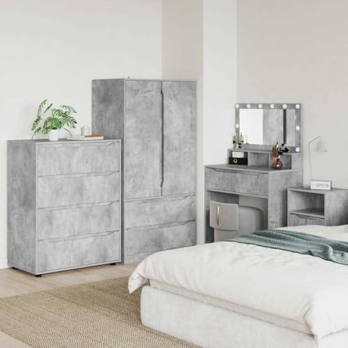 Runheo 2er-Set Stauraumschränke, Beton Grau, 80x48x105 cm, Holzwerkstoff, mit Schubladen, für Schlafzimmer, Wohnzimmer, vielseitige Aufbewahrung