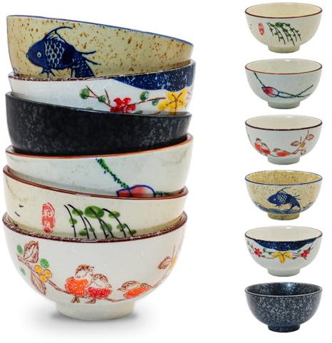 6 Pack Rice Bowls,4.5 Inch Japanese Chinese Bowls,10 oz Retro Ceramic Small Asian Soup Bowls,Hand-painted Serving Dinner Set for Cereal, Salad, Dessert, Ice Cream, Noodles, Dishwasher Microwave Safe