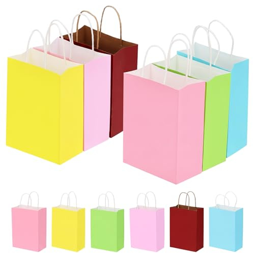 QWORK® 60 Stk. Geschenktüten aus Papier mit Griffen - 21x15x8cm, Bunte Kleine Geschenktüten in 6 Farben, für Partys, Verpackungen, Einkaufstasche, Einkaufstüten