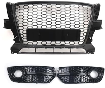 1 Set Griglia Centrale a Nido d’Ape in ABS per Audi Q5 (2009-2012) Modificata + Cornici Fendinebbia a Nido d’Ape, GZ.A AD-LK Q5/RS-47 + GZ.D014KL/R, Nero Lucido, Senza Logo