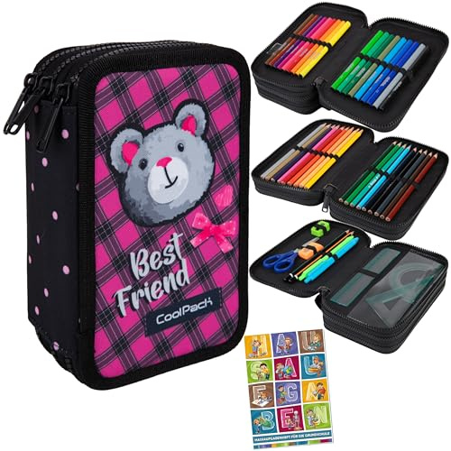 Goldkids - Federmäppchen 3 Fächer - Mäppchen für Mädchen und Jungen - Federmappe 3-Fach Federtasche Gefüllte Schüleretui Schulmäppchen und Hausaufgabenheft - Buddy Motiv