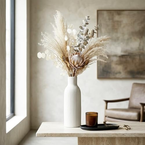 OFFASST Weiß Keramik Vasen 25CM | Iconic Home Vase für Pampasgras & Trockenblumen | Moderne Tischdeko | Neutral Boho Skandinavische Vase Hoch für Wohnzimmer