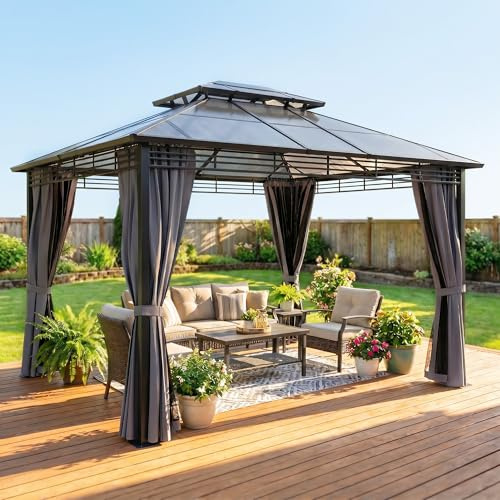 Outsunny Tonnelle de Jardin 3x3,5m avec Toit Rigide en Polycarbonate à Deux Niveaux - Pavillon en Aluminium Imperméable UV50+ avec Moustiquaire et Rideaux - Gazebo de Luxe pour Terrasse, Gris Foncé