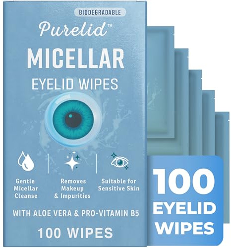 PURELID 100 Pcs Micellar Eyelid Wipes for Sensitive Eyes; Gentle Daily Cleanser With Aloe & Pro-Vitamin B5; Paraben-Free Micellar Water Daily Eyelid Hygiene Wipes; Daily Eye Wipes that Hydrate & Sooth