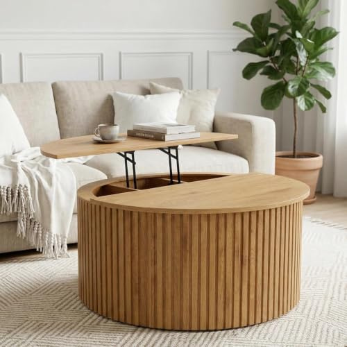 Runder Holz-Couchtisch im Landhausstil, Höhenverstellbar & Faltbar mit Hebeplatte (Lift Top) sowie Verstecktem Stauraum,Multifunktionaler Kaffeetisch Wohnzimmertisch Beistelltisch für Wohnzimmer