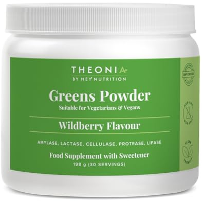 Theonia Super Greens Powder - Probiotics & Digestive Enzymes | 30+ Plant-Based Ingredients - with Botanicals, Adaptogens - Naturally Flavoured Wildberry - Vegan & Non-GMO - 198g