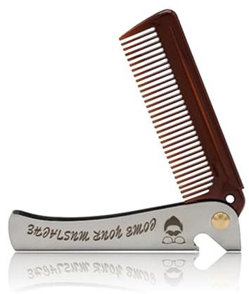 Folding Stainless Steel Hair and Beard Comb with Rounded Teeth and Opener | Folding handle covers the comb teeth between uses for tidy pocket or travel storage