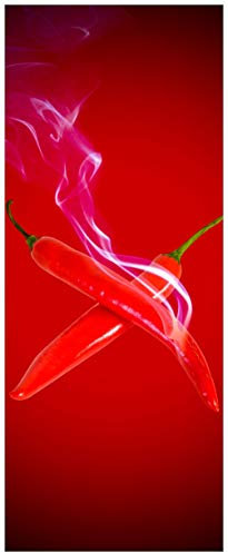 Wallario Glasbild Rauchende Chili-Schoten im Duo vor rotem Hintergrund - 32 x 80 cm Wandbilder Glas in Premium-Qualität: Brillante Farben, freischwebende Optik