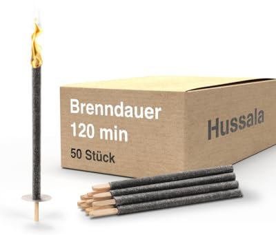 Hussala Diamond Wachsfackeln [50 Stück / 120 min] mit Holzstab und Tropschutz, Garten Fackeln aus Diamond-Wachs