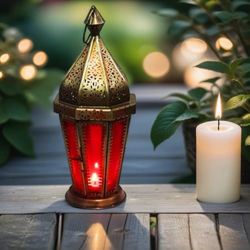 Orientalische Laterne aus Metall & Glas Ajda rot 29cm | orientalisches Windlicht | Marokkanische Glaslaterne für innen | Marokkanisches Gartenwindlicht für draußen als Gartenlaterne