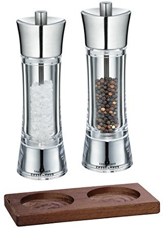 Zassenhaus Set Salzmühle & Pfeffermühle Aachen Acryl/Edelstahl 18 cm & Untersetzer Eiche eckig