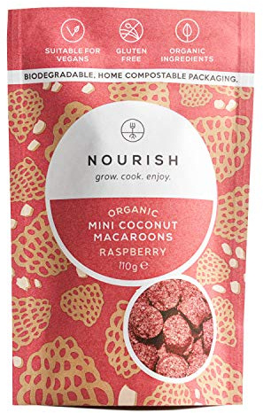 Nourish Organic Raspberry Coconut Macaroons, Vegan, Gluten Free, Dairy Free, Keto Snacks, 110g Pack
