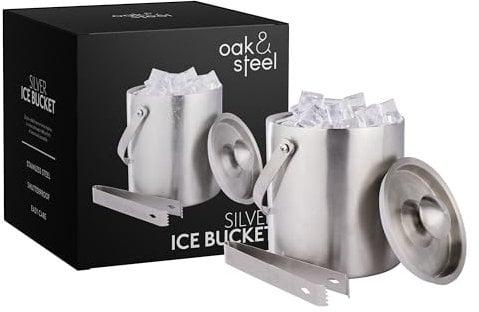 Oak & Steel - Seau à Glace en Acier Inoxydable Isotherme avec Couvercle & Pince (Grande 2L) - Seau à Glaçons, Rafraîchisseur pour Champagne, Bière, Vin & Boissons