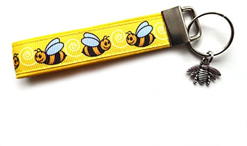 Schlüsselanhänger Biene gelb aus Baumwollstoff und Ripsband (gelb, mit Bienchen)