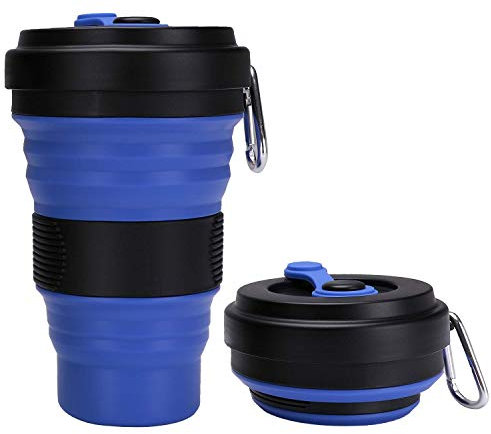 JackWish Faltbar Silikonbecher Klappbecher,Faltender Becher Faltbare Tasse Silikon für Camping Reise Outdoor Büro,BPA Frei,3 Einstellbare Kapazitäten,Max Kapazität 550ML (Schwarz+Blau)